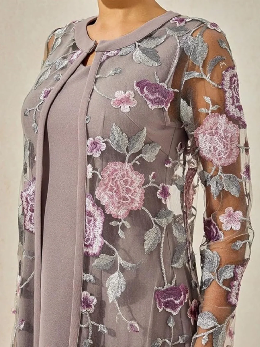 Embroidered Midi Dress And Jacket Sz Large wedding guest tea party gray pink